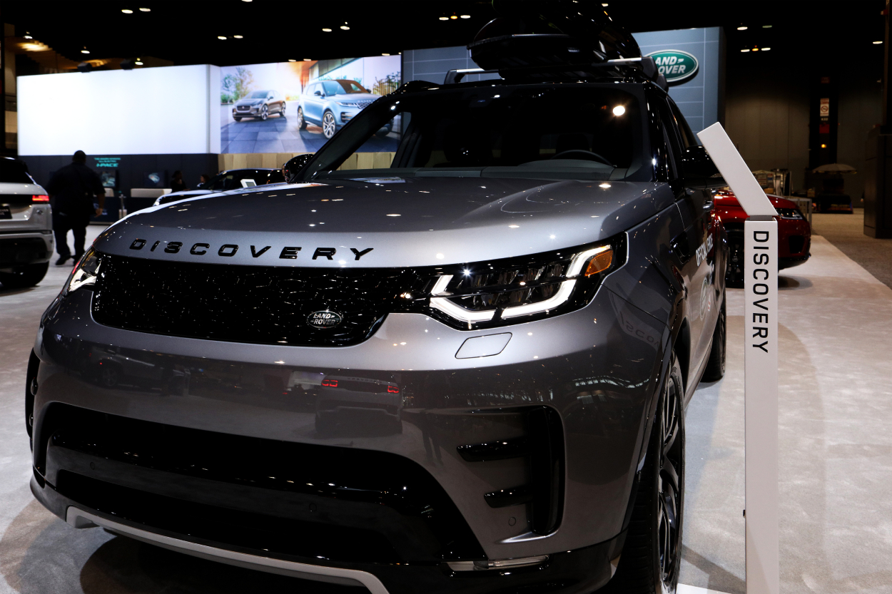 A Land Rover Discovery on display at an auto show