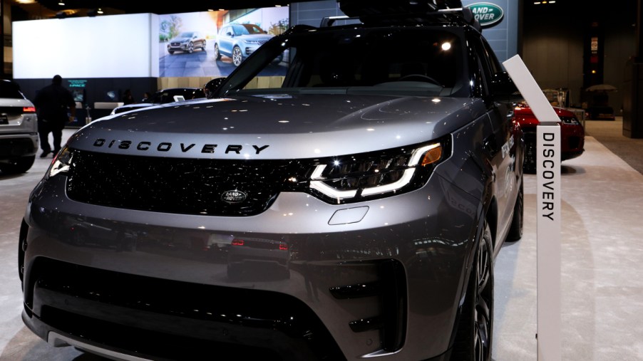 A Land Rover Discovery on display at an auto show