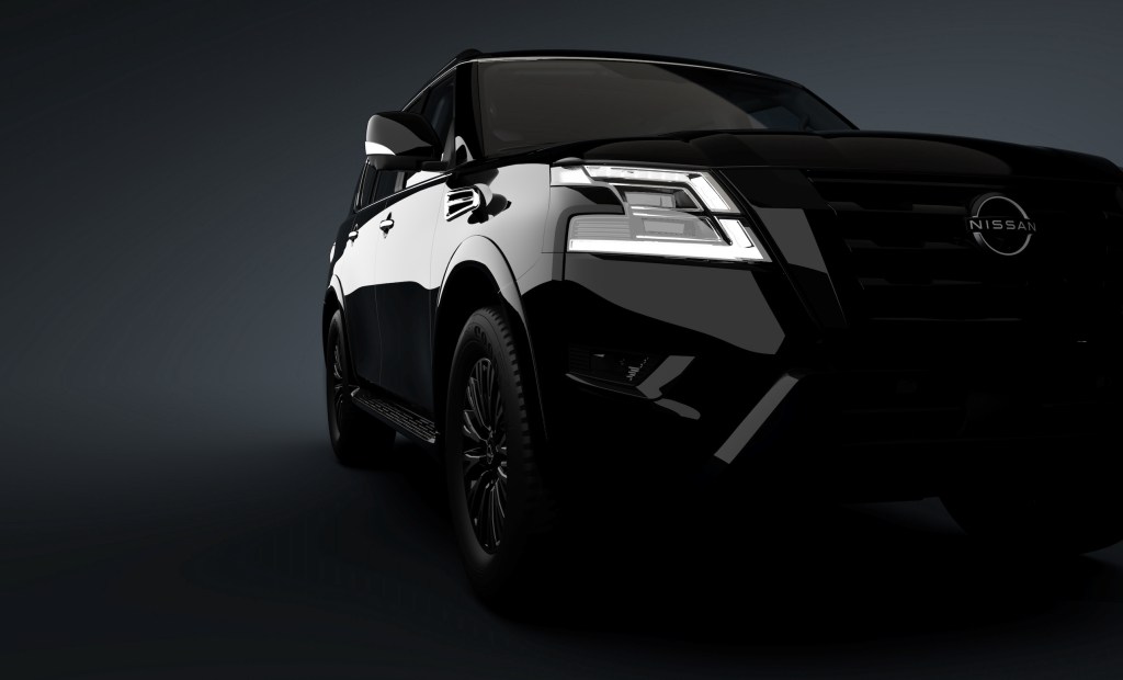 The new Midnight Edition Package, available on Nissan Armada SL, includes black exterior logos, black painted mirrors (heated, power adjust and fold, auto-dimming, reverse linked with puddle lights and LED turn signals), black painted roof rails, rear LED lamps with black paint finisher, black painted grille, and black painted front and rear skid plates.
