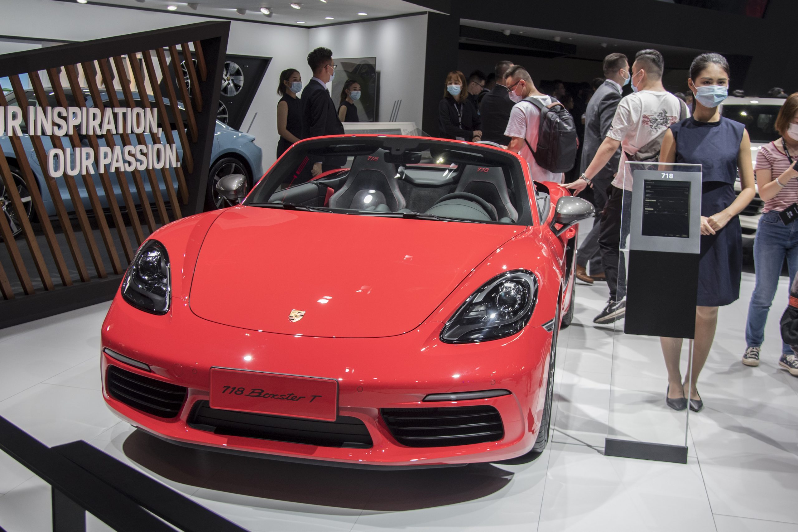 A Porsche 718 Boxster T vehicle is on display during the 18th Guangzhou International Automobile Exhibition