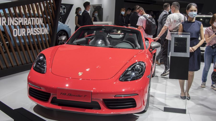 A Porsche 718 Boxster T vehicle is on display during the 18th Guangzhou International Automobile Exhibition
