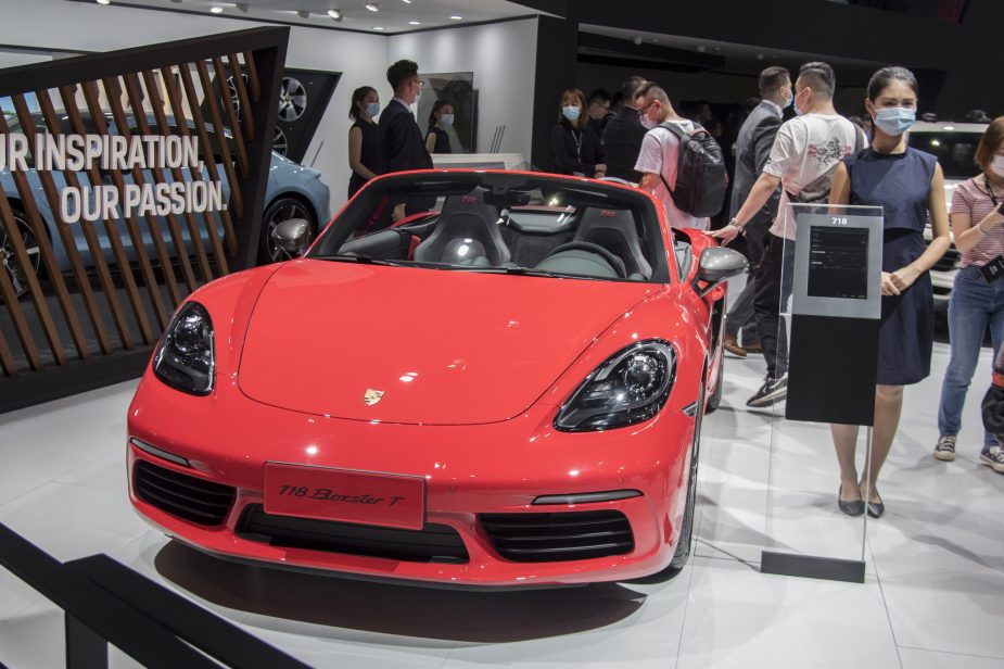 A Porsche 718 Boxster T vehicle is on display during the 18th Guangzhou International Automobile Exhibition