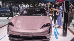 A Porsche Taycan 4S vehicle is on display during the 18th Guangzhou International Automobile Exhibition at China Import and Export Fair Complex