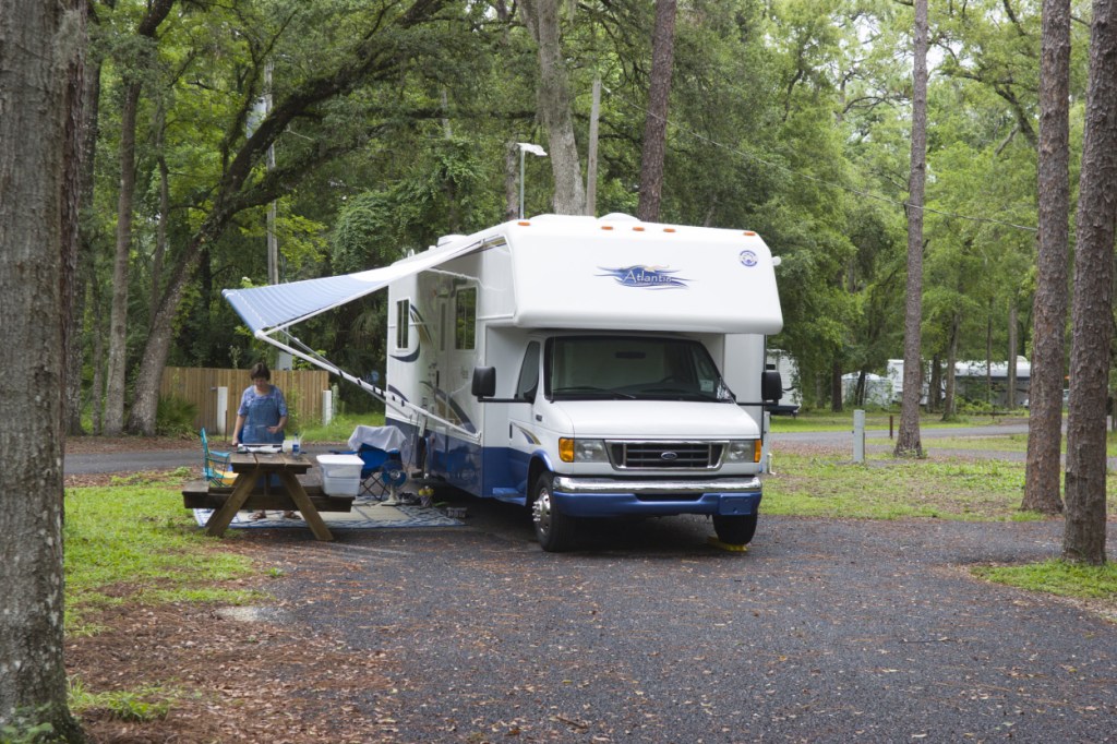 An RV parked at a campground