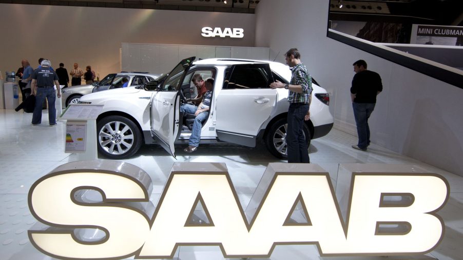 A Saab SUV on display at an auto show