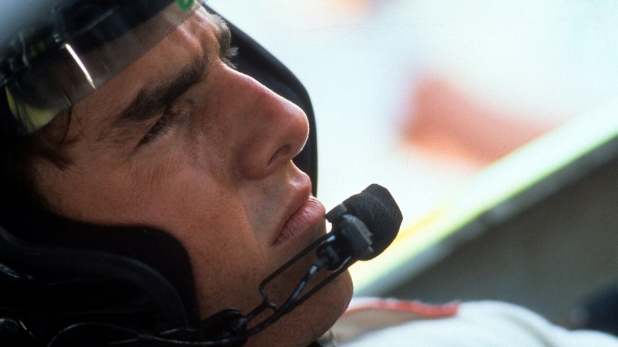 Tom Cruise makes a serious face in a Chevrolet Lumina on the set of the NASCAR racing movie, "Days of Thunder."