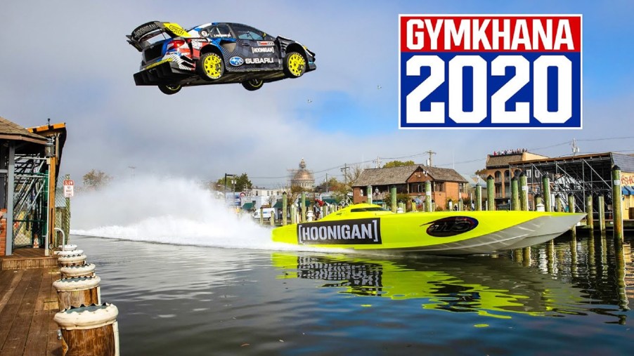Travis Pastrana jumps a Subaru WRX STI over a powerboat in Gymkhana 11