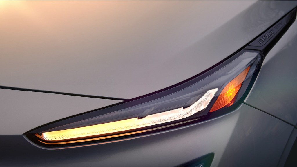 A close up image of the headlight of the upcoming Chevy Bolt EUV.