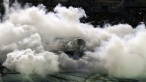 NASCAR winner doing a smokey burnout in the infield