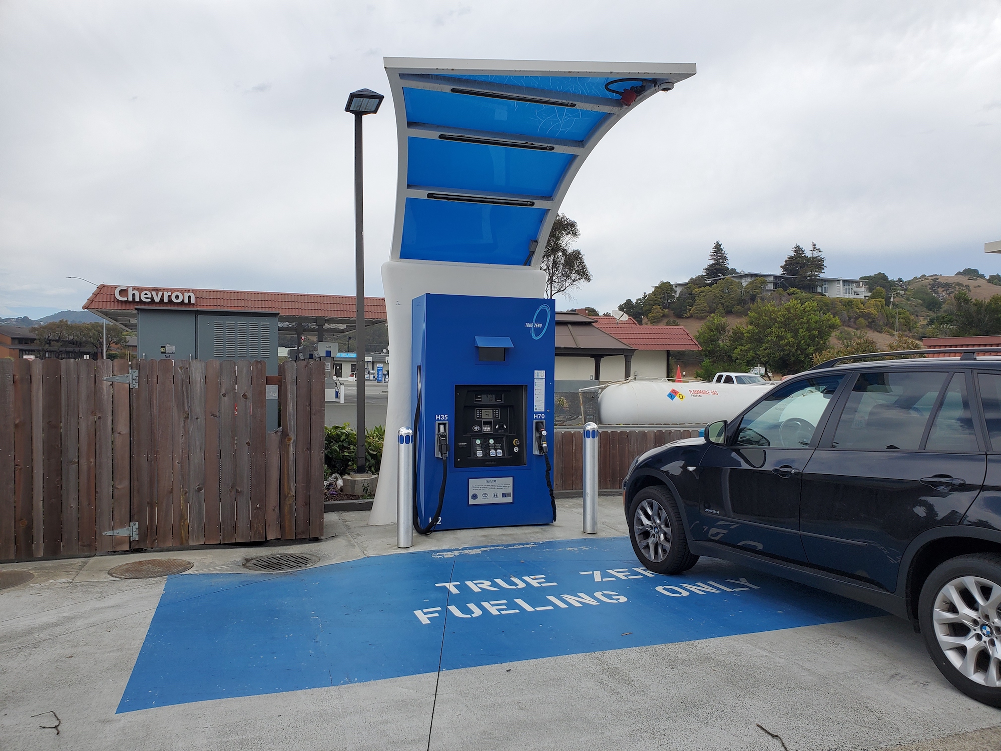 Pump with logos is visible at True Zero hydrogen fuel cell filling station in Marin County, Mill Valley, California, August 16, 2020.