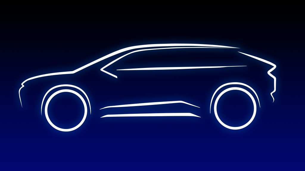 A digital outline image of an upcoming electric Toyota SUV.