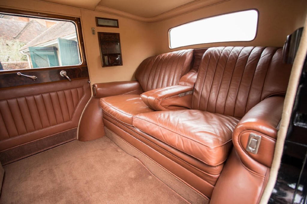 The brown-leather rear seats of a 1931 Bentley 8 Litre Sedanca de Ville