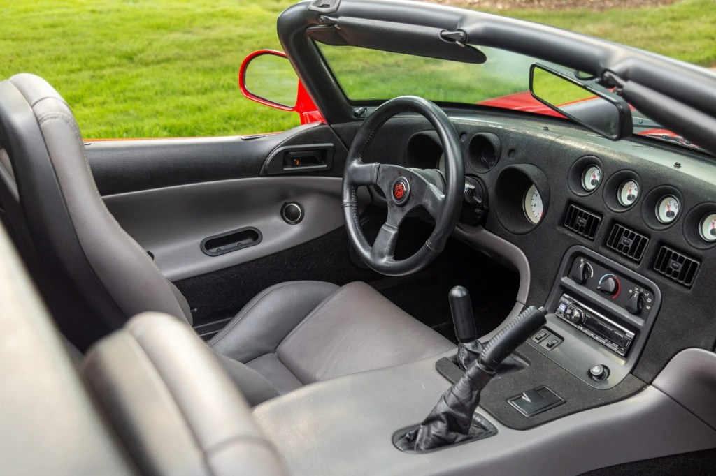 The black-and-gray interior of a 1993 Dodge Viper RT/10