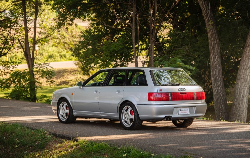 The rear 3/4 view of a silver 1994 Audi RS2 Avant