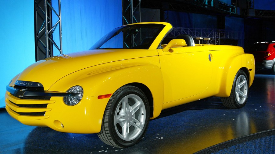 A yellow Chevy SSR pickup truack at the CIAS-Canadian International Auto Show in Toronto on Feb 14 through 23, 2003