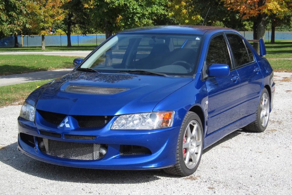 A blue 2005 Mitsubishi Lancer Evolution VIII