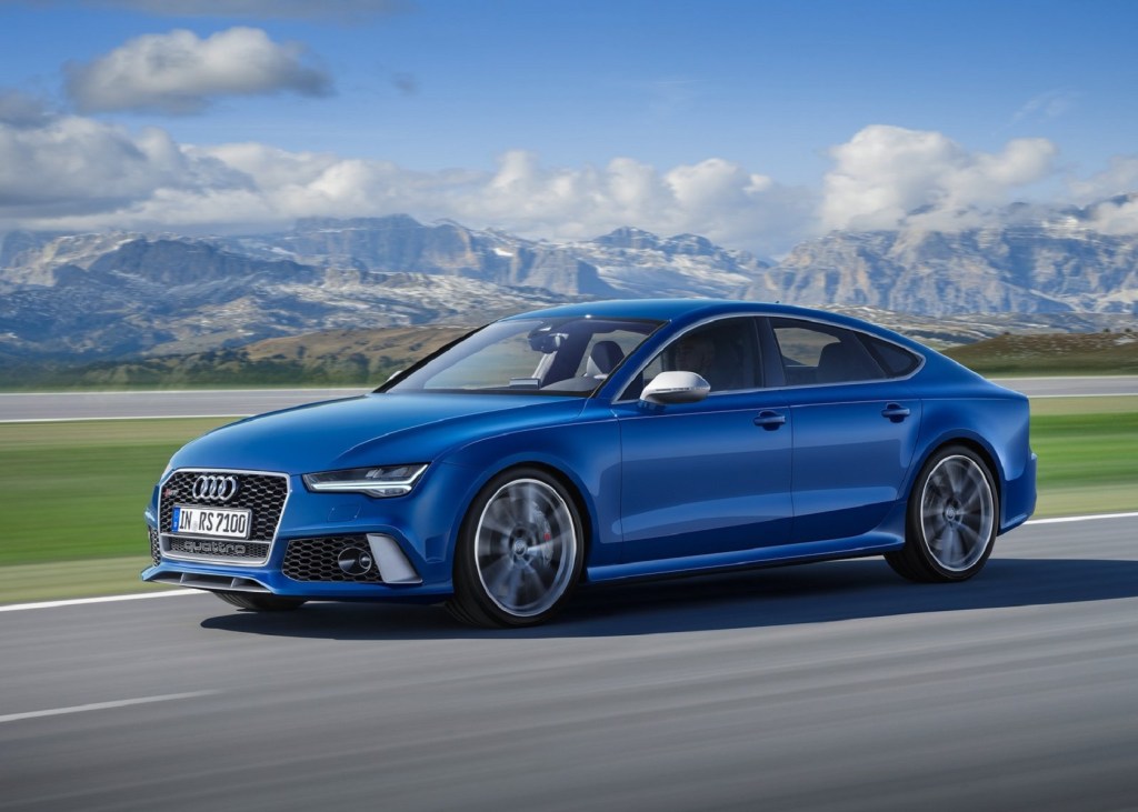 A blue 2016 Audi RS7 Performance on a mountain road