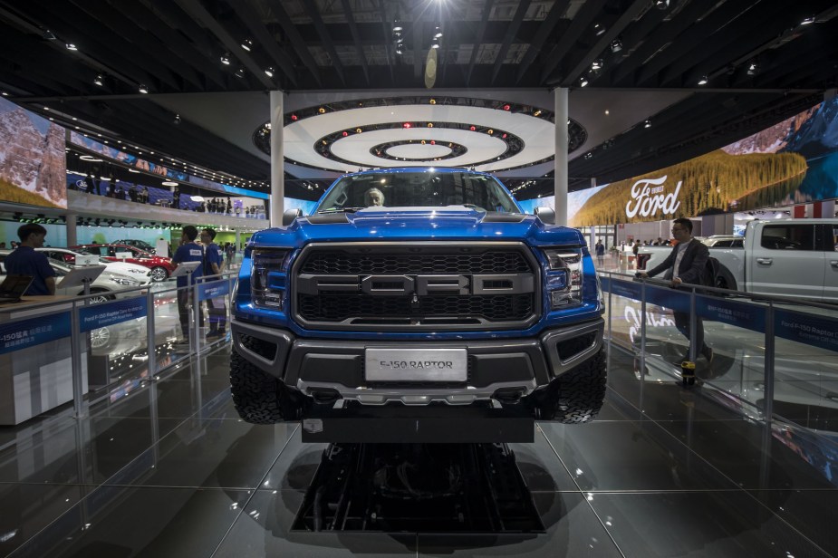 A bright-blue Ford F-150 Raptor pickup truck stands on display at the Auto Shanghai 2017 vehicle show in Shanghai, China, on Wednesday, April 19, 2017.