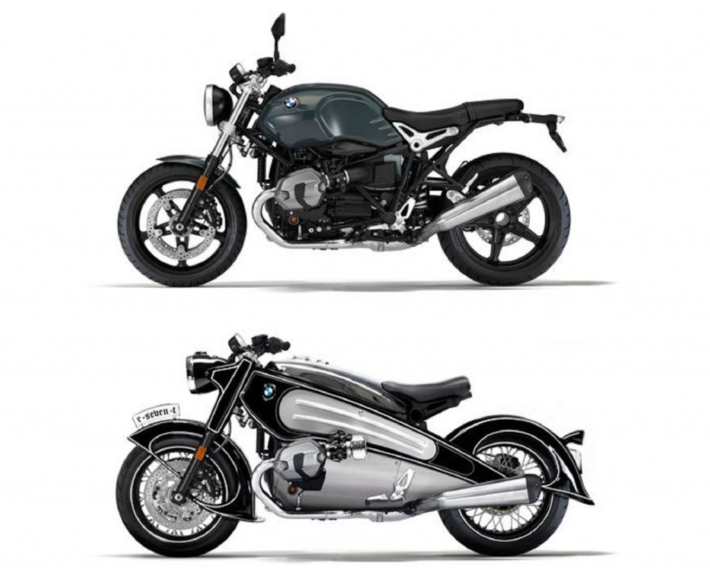 A dark-blue 2020 BMW R nineT with and without the NMoto Nostalgia body kit