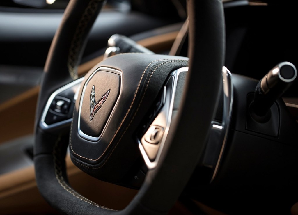 The 2020 Chevrolet C8 Corvette Stingray's black steering wheel