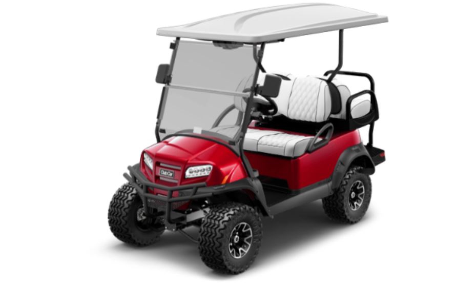 A red lifted golf Club Car golf cart. 