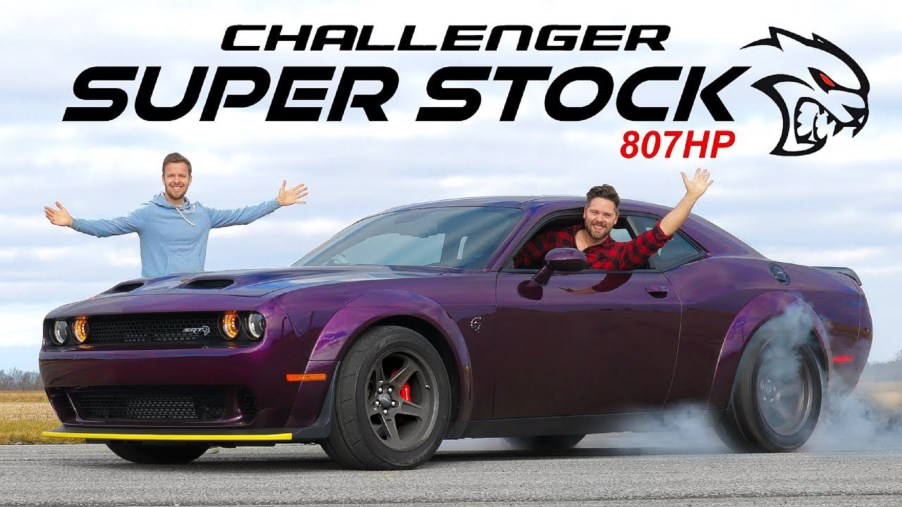A purple 2020 Dodge Challenger SRT Super Stock doing a burnout