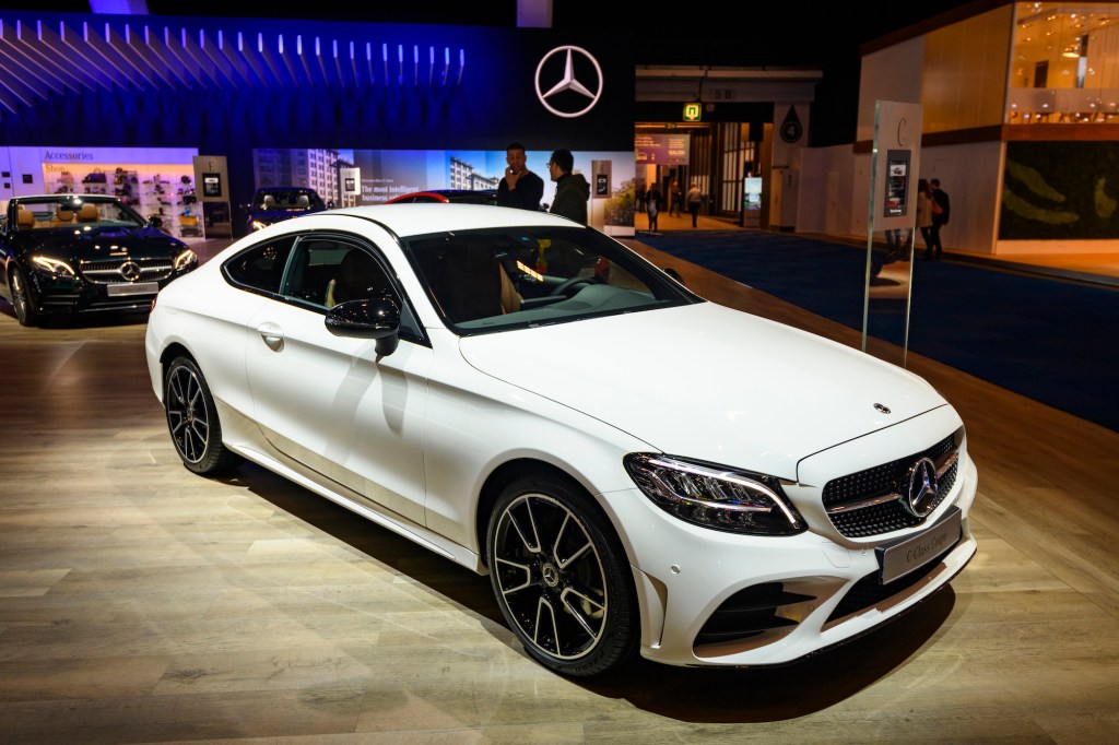 A white 2020 Mercedes-Benz C-Class Coupe on display at Brussels Expo on January 9, 2020, in Brussels, Belgium.