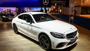 A white 2020 Mercedes-Benz C-Class Coupe on display at Brussels Expo on January 9, 2020, in Brussels, Belgium.