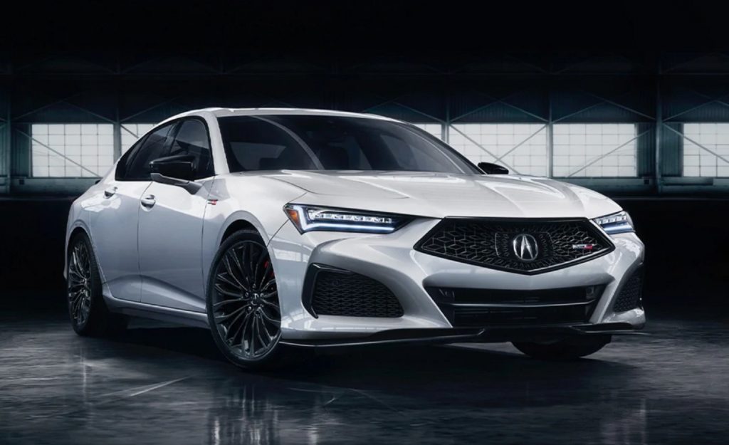 The front 3/4 of a white 2021 Acura TLX Type S