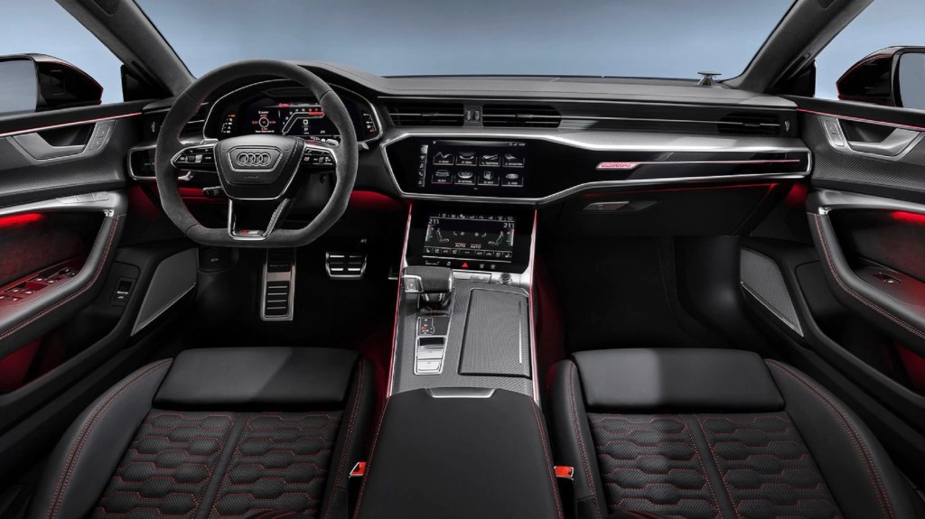 The red-stitched black seats and carbon-fiber-trimmed dashboard of the 2021 Audi RS7