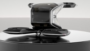 The black-and-silver 2021 Cadillac eVTOL flying car concept