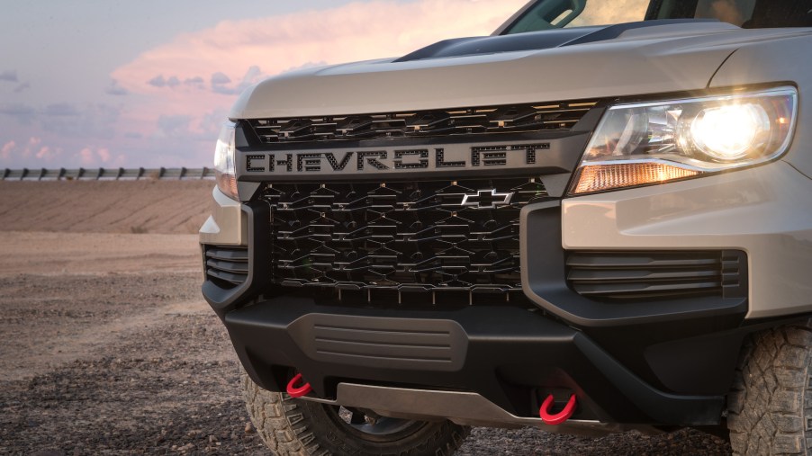 The front end of a white 2021 Chevy Colorado ZR2