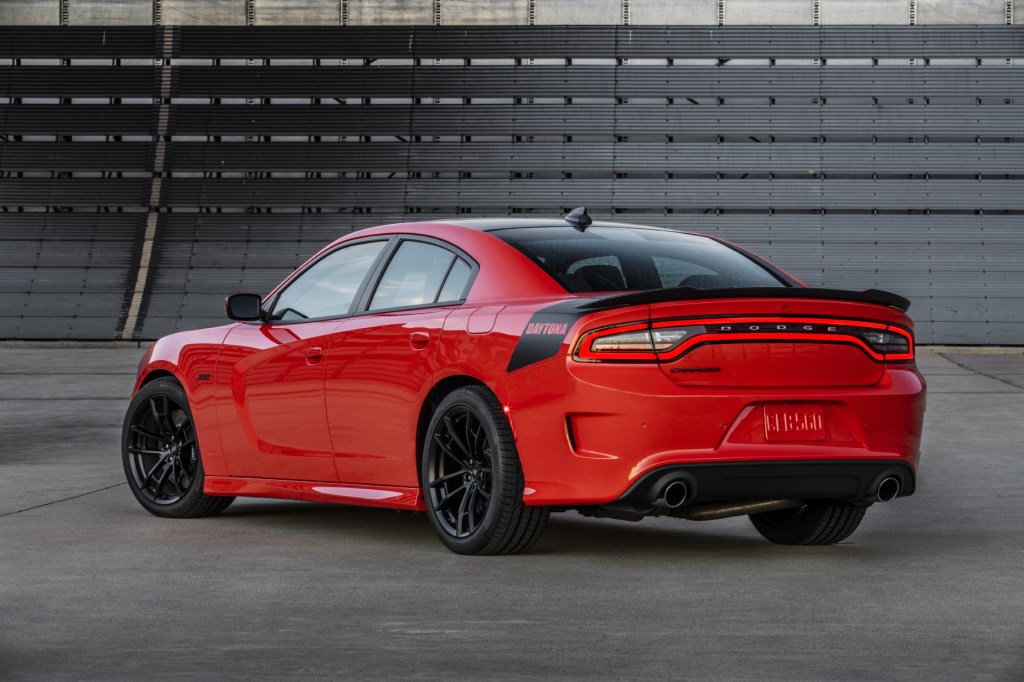 A red 2021 Dodge Charger Daytona parked on display