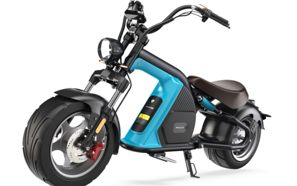 This blue and black electric scooter looks like a motorcycle chopper. 