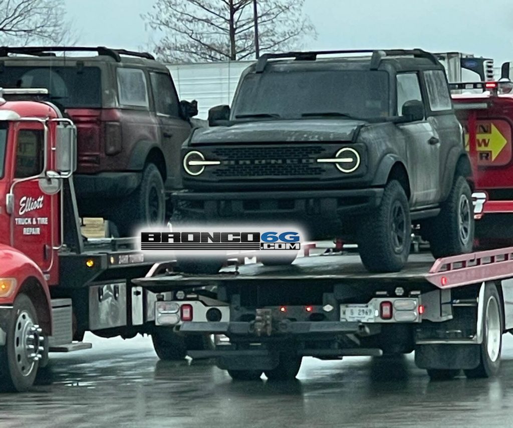 An image of a 2021 Ford Bronco affected by a fire in a transport trailer.