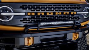 A Cyber Orange 2021 Ford Bronco's front end