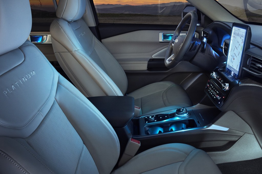 The front seats and dashboard of the 2021 Ford Explorer Platinum