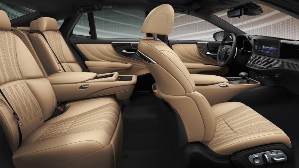 The tan-leather-upholstered interior of the 2021 Lexus LS 500