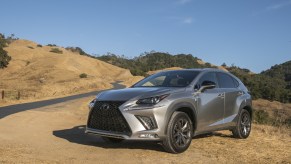 A silver 2021 Lexus NX parked on rugged terrain
