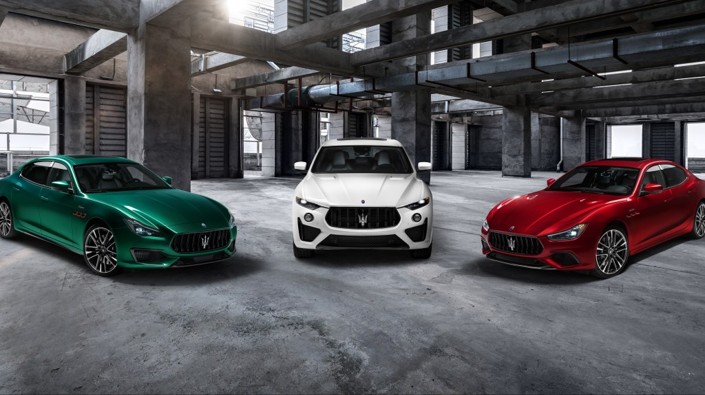 Three Maserati models reflect the three colors of the Italian flag, green, white, and red.