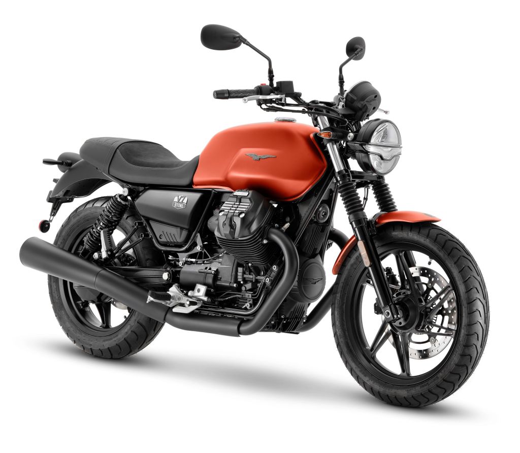An orange 2021 Moto Guzzi V7 Stone