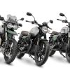 A silver-and-green liveried 2021 Moto Guzzi V85 TT Adventure 100th Anniversary next to a V7 Stone 100th Anniversary next to a V9 Bobber 100th Anniversary