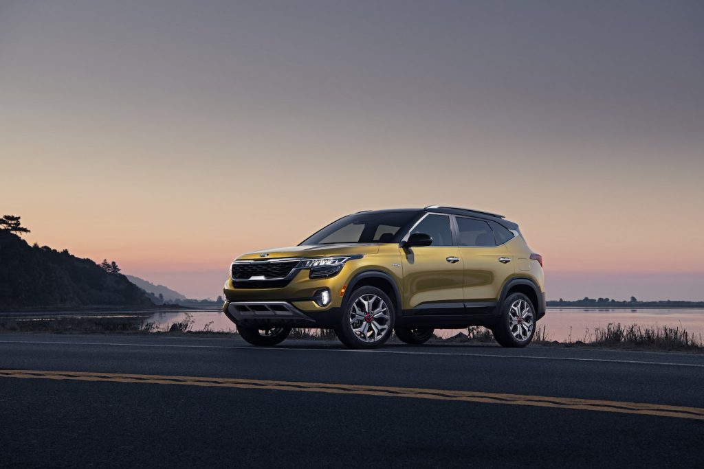 2021 Kia Seltos parked by the waterfront during sunset