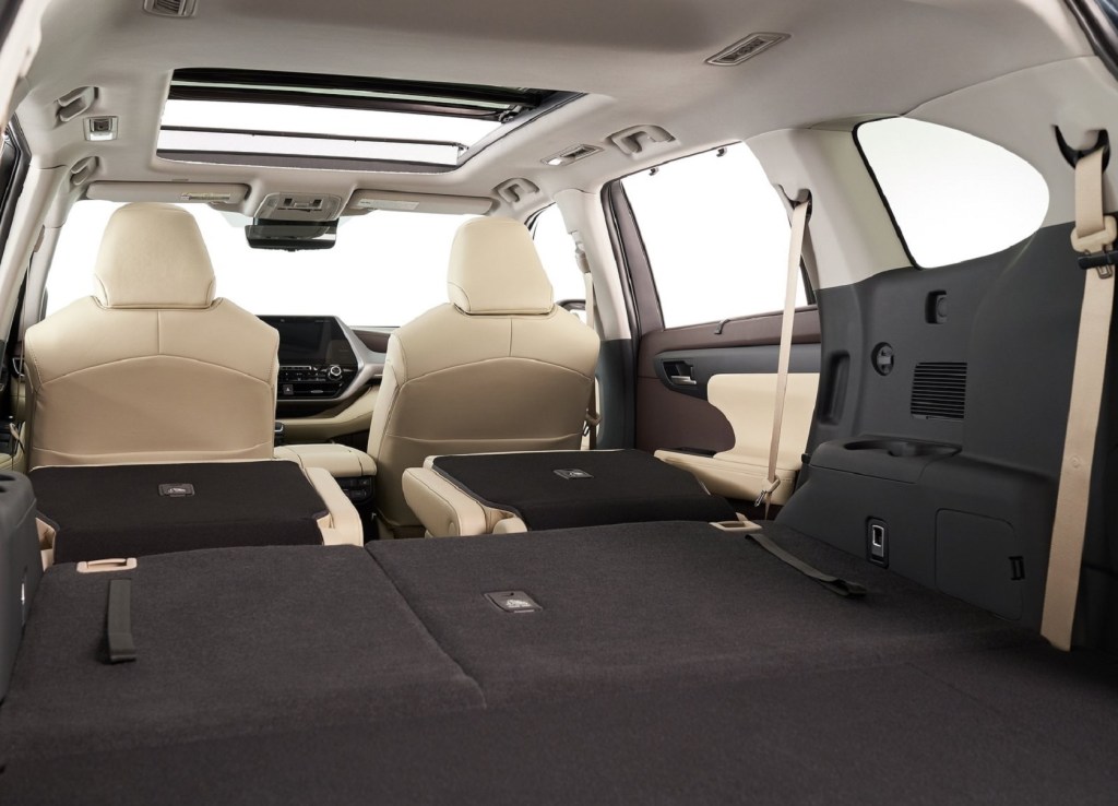 The interior of the 2021 Toyota Highlander from the rear with its seats folded