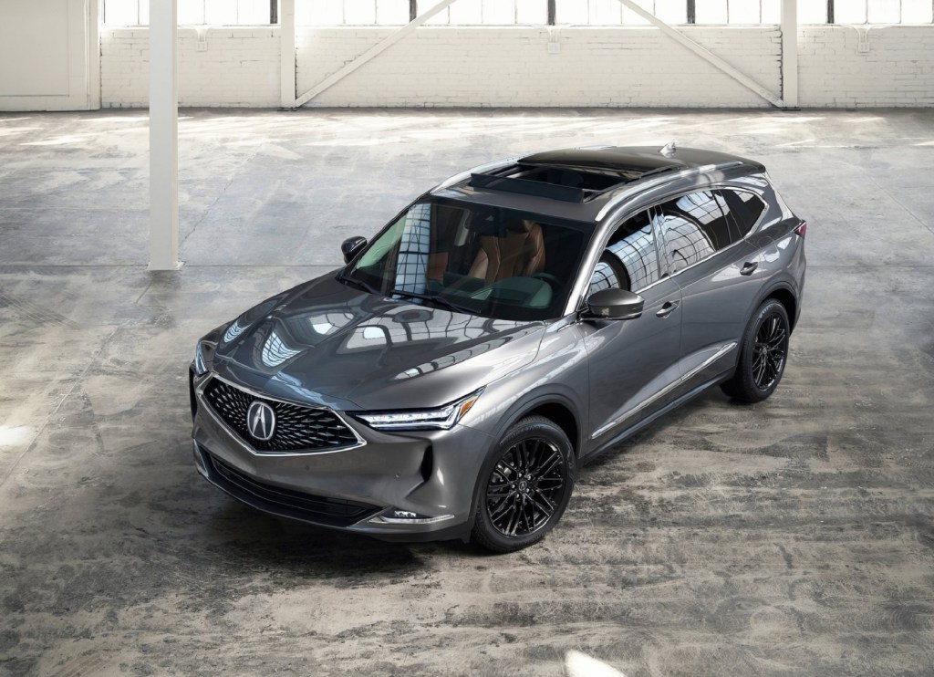 The front 3/4 overhead view of a gray 2022 Acura MDX Advance