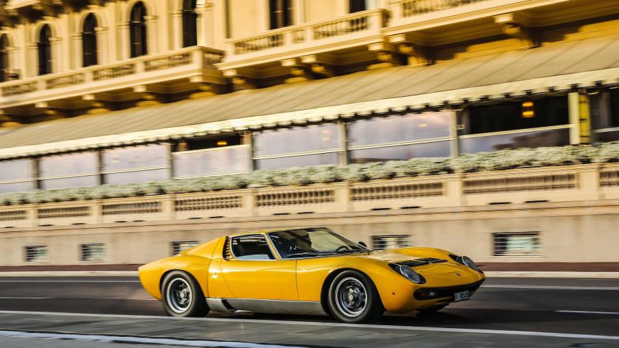 An image of a Lamborghini Miura SV out on the road.