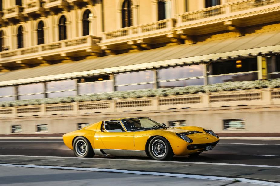 An image of a Lamborghini Miura SV out on the road.