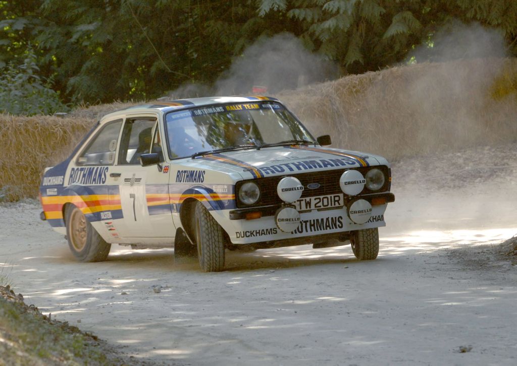 A liveried Mk2 Ford Escort RS1800 at the Goodwood Forest Rally Stage