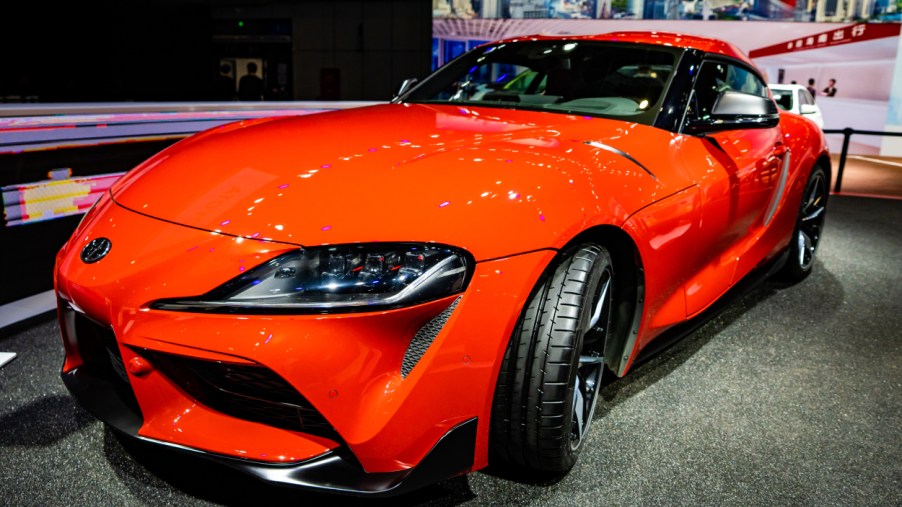 A Toyota Supra on display at an auto show