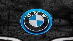 Raindrops are seen on a silver and blue BMW logo of the hood of a black car on January 5, 2020.